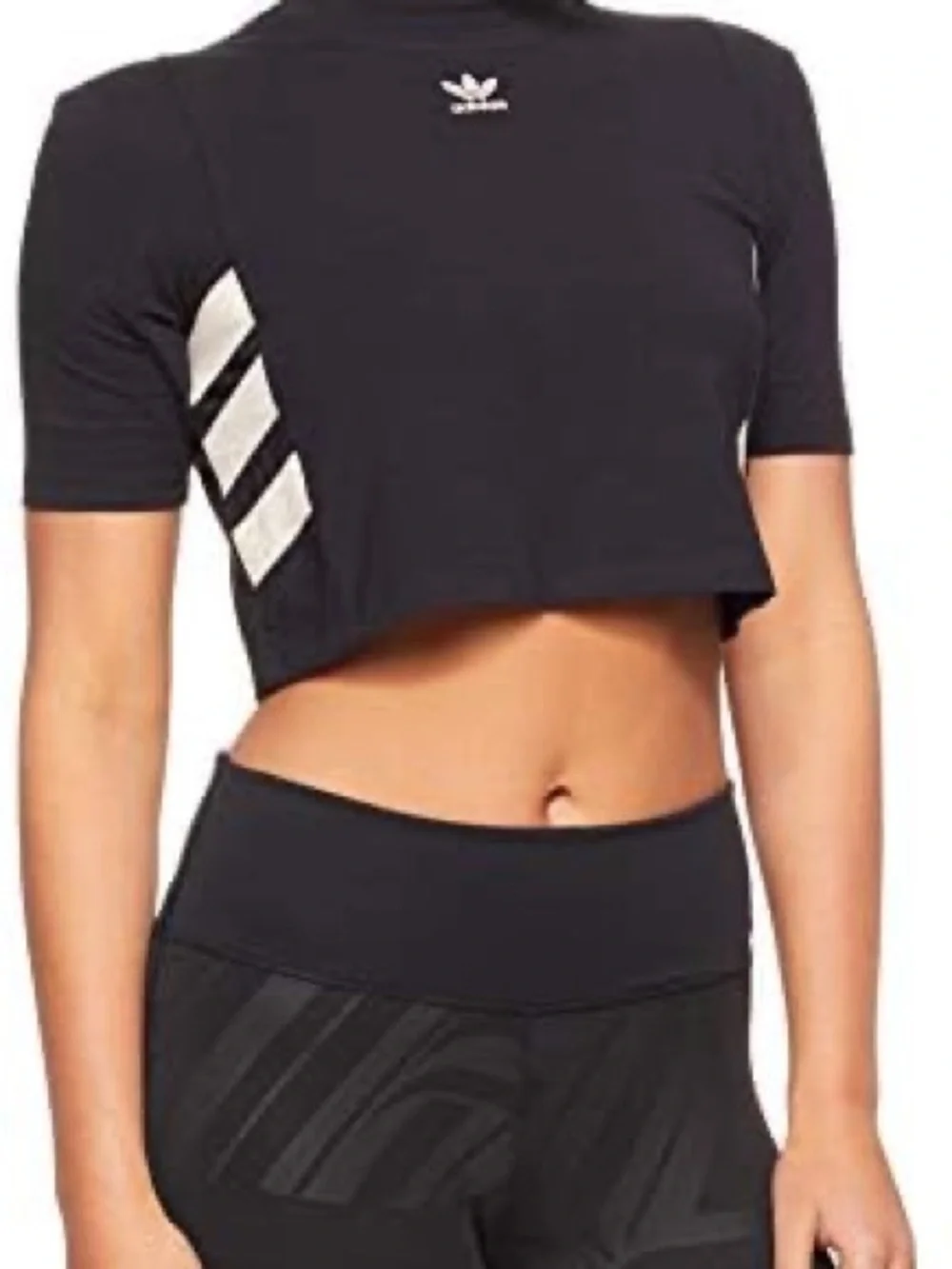 adidas Black Cropped Mock Neck Tee with Cream Side Stripes - Picture 2 of 5